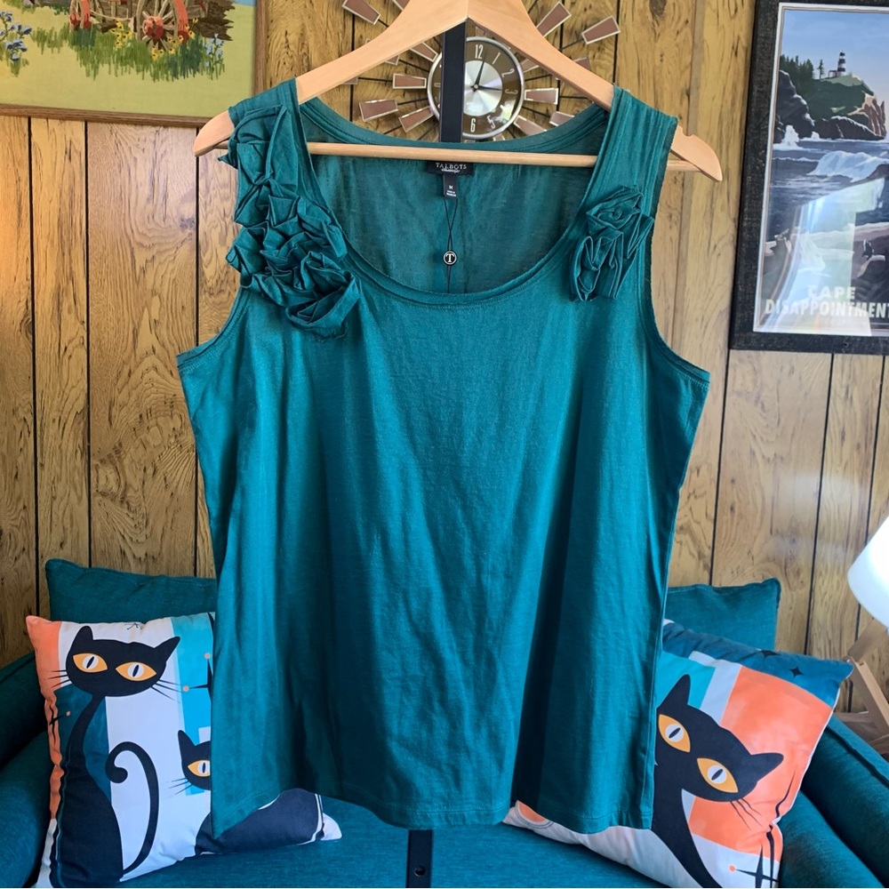 Talbots Emerald Green Tank Top with Floral Rosette Details NWT